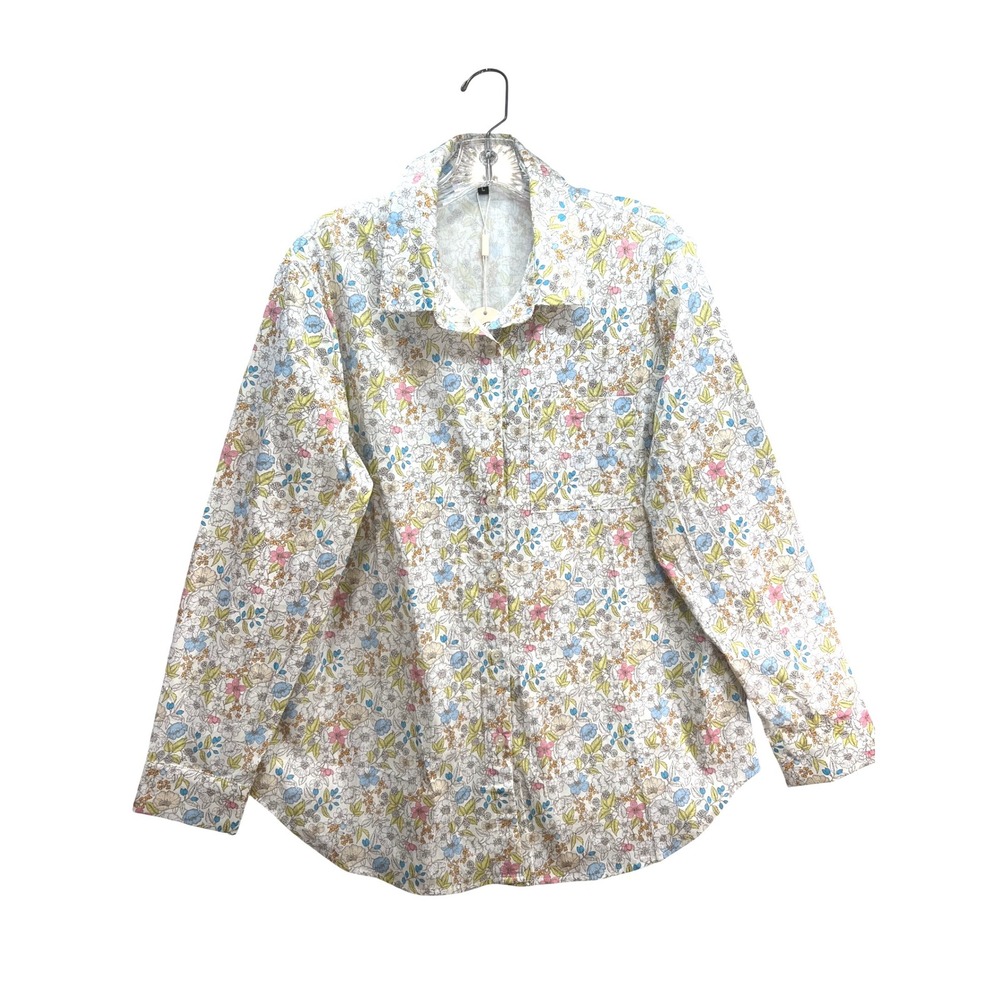 Womens Floral Botanical Button Down Long Sleeve Shirt Blue Pink Yellow Large
